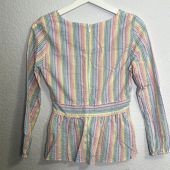 J. Crew V Neck Peplum Top Rainbow Seersucker Long Sleeve Womens Size 00 NWT - Picture 2 of 13
